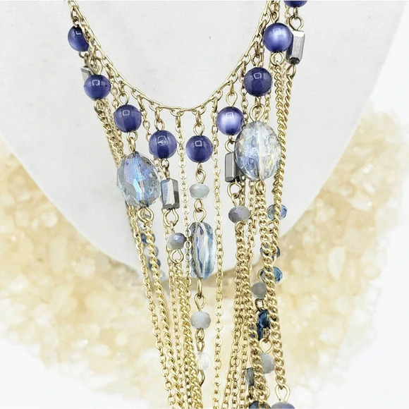 Fringe Waterfall Necklace Blue Beads w/ Gold Tone Metal Sexy - Picture 1 of 6